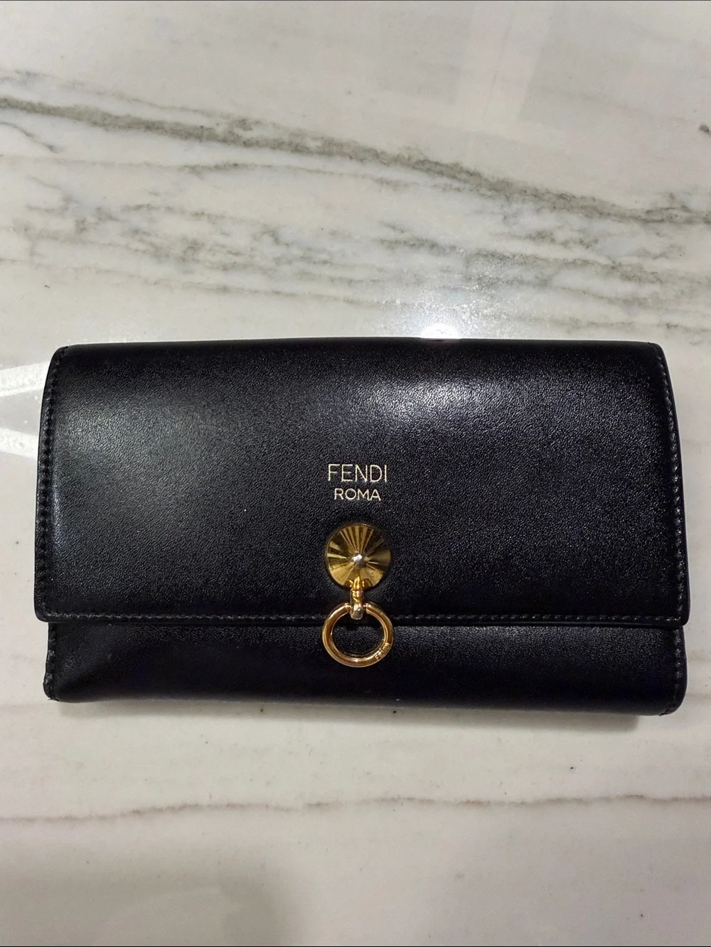 Fendi Black Leather Wallet with Gold Ring Accent